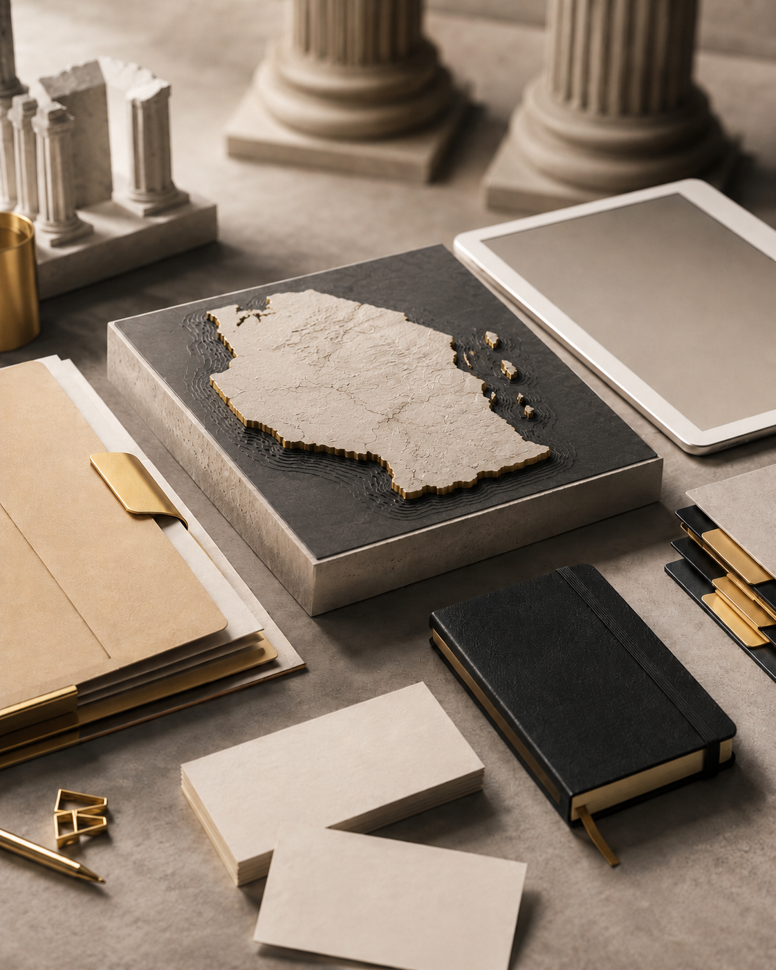 A field briefing still life with a tablet, folders, notes, learning materials, and a miniature Tanzania relief.