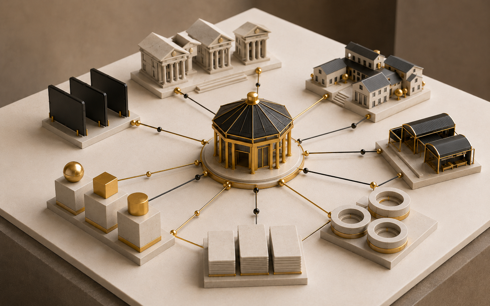 A miniature AGES ecosystem network with a central hub connected to innovation, policy, delivery, infrastructure, and evidence clusters.