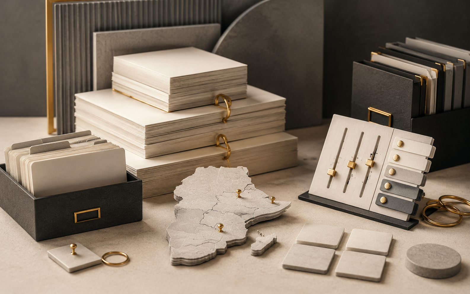 A curated knowledge archive with document cards, resource tiles, archive boxes, link rings, and East Africa markers.
