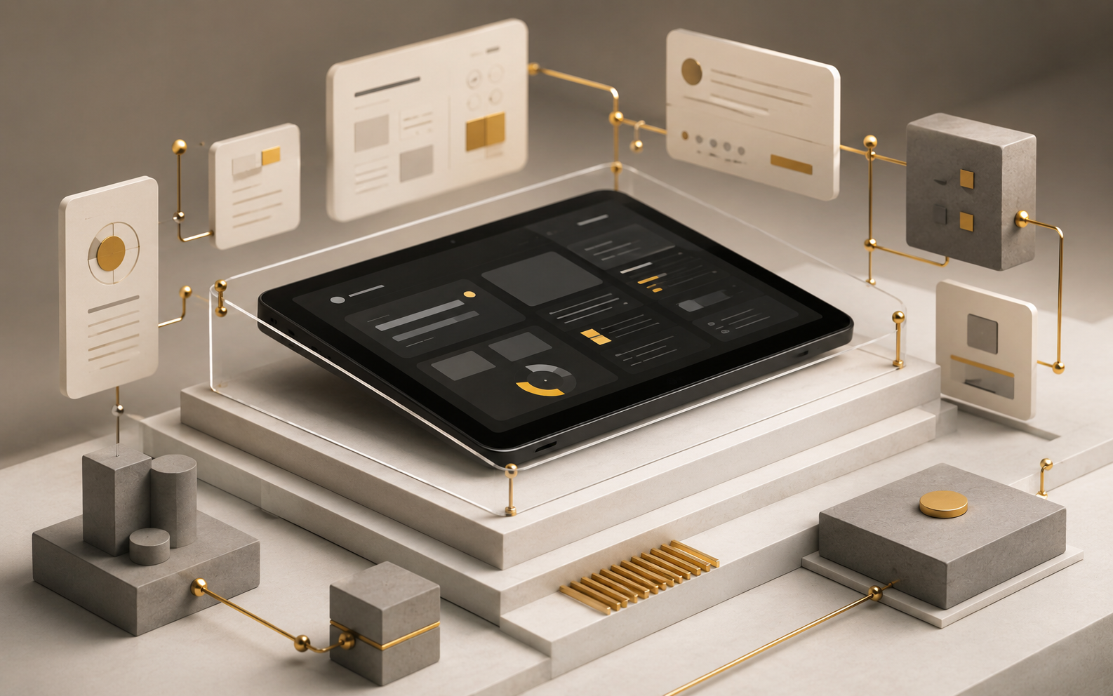 A controlled learning tablet ecosystem with content cards, connection pins, and safety layers.