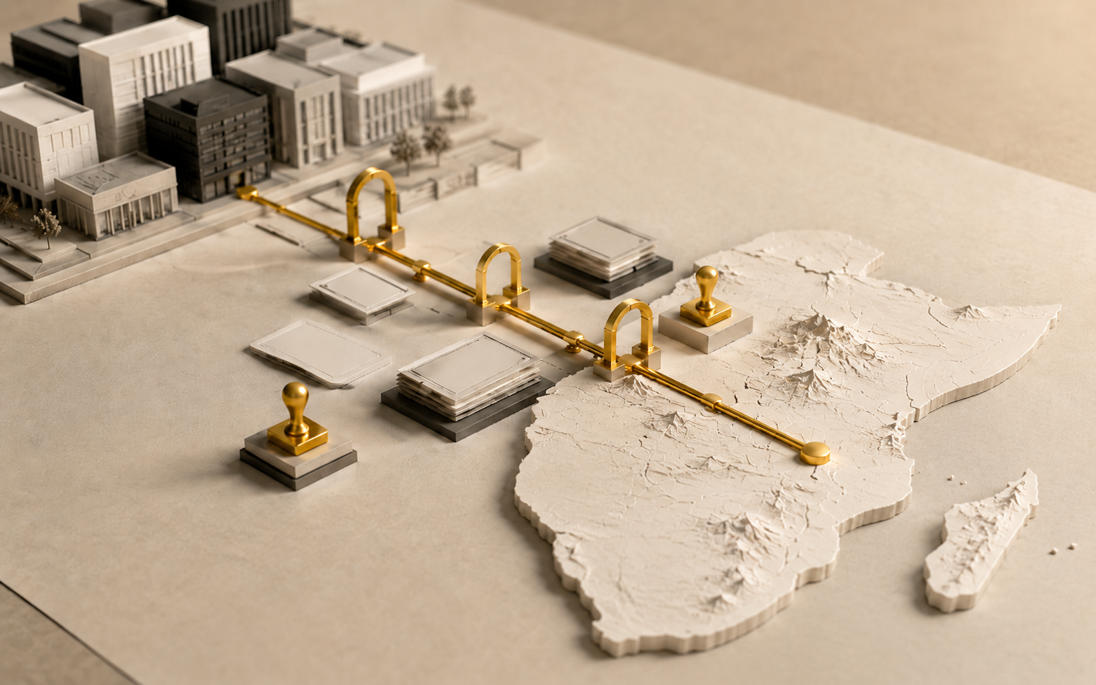 A miniature route-planning maquette with approval gates between Finland and East Africa.