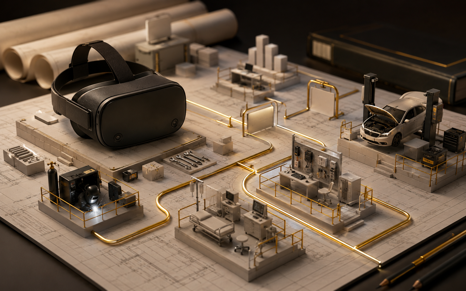 A technical training maquette with a VR headset, blueprint surface, tool forms, and simulation stations.